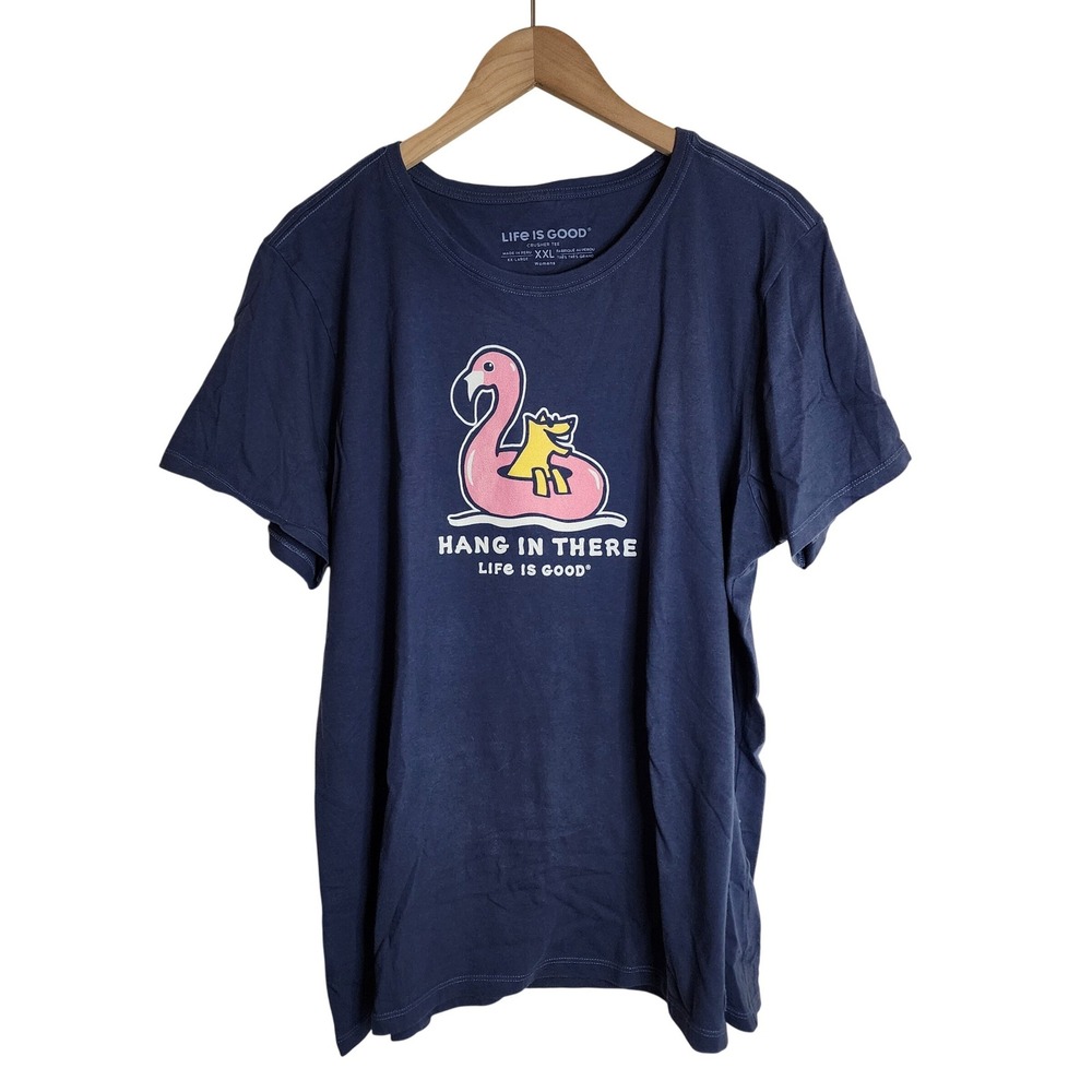 Life is Good Crusher Tee Womens XXL Blue Flamingo Hang In There Graphic T-Shirt